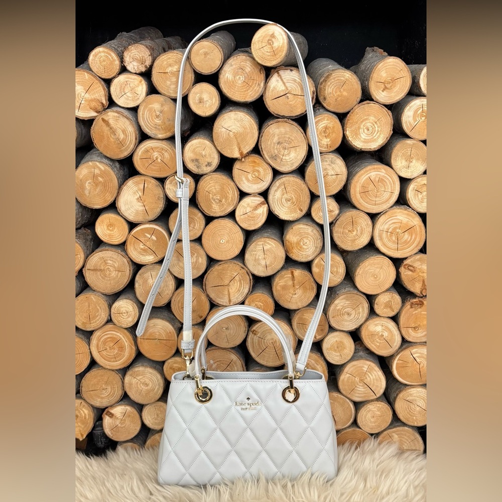 KATE SPADE Satchel Leather Quilted Handbag White Stone Path Light Grey Purse - Picture 12 of 15